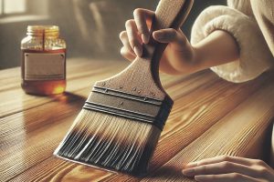 Main d'une femme appliquant avec un pinceau large de l'huile de lin sur une table en bois.